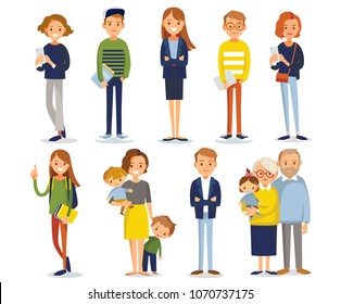 Big set group of diverse flat cartoon characters people couples, mom with kids in different poses standing together isolated on white background. Crowd people. Casualy looking dressed men women.Vector