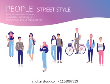 Conjunto de personas de aspecto moderno. Ilustración vectorial. Diseño plano. Degradado.