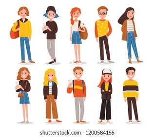 Big set group of diverse flat cartoon characters people teenagers in different poses standing together isolated on white background. Crowd people. Casualy looking dressed men women. Vector.