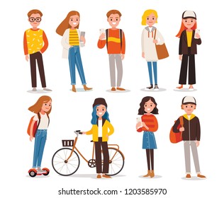 Big set group of diverse flat cartoon characters people teenagers in different poses standing together isolated on white background. Crowd people. Casualy looking dressed men women. Vector.