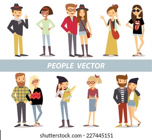 Big set group of diverse flat cartoon characters style young people couples in different poses standing together isolated on white background. Crowd people. Casualy looking dressed men women. Vector.