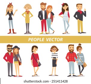 Big set group of diverse flat cartoon characters style young people couples in different poses standing together isolated on white background. Crowd people. Casualy looking dressed men women. Vector.