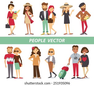 Big set group of diverse flat cartoon characters style young people couples in different poses standing together isolated on white background. Crowd people. Casualy looking dressed men women. Vector.