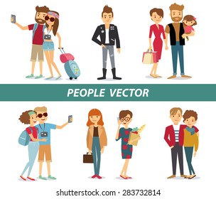 Big set group of diverse flat cartoon characters style young people couples in different poses standing together isolated on white background. Crowd people. Casualy looking dressed men women. Vector.