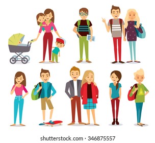 Big set group of diverse flat cartoon characters people couples, mom with kids in different poses standing together isolated on white background. Crowd people. Casualy looking dressed men women.Vector