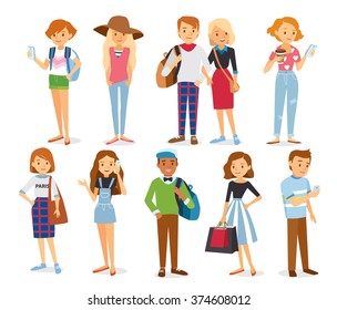 Big set group of diverse flat cartoon characters style young people couples in different poses standing together isolated on white background. Crowd people. Casualy looking dressed men women. Vector.