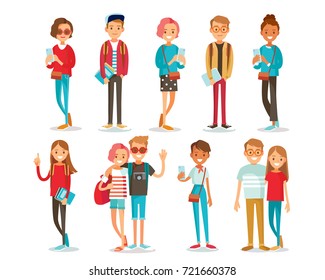 Big set group of diverse flat cartoon characters style young people couples in different poses standing together isolated on white background. Crowd people. Casualy looking dressed men women. Vector.