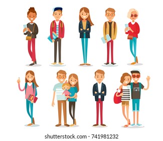 Big set group of diverse flat cartoon vector characters people couples, mom with kids in different poses standing together isolated on white background.Crowd people. Casualy looking dressed men women.