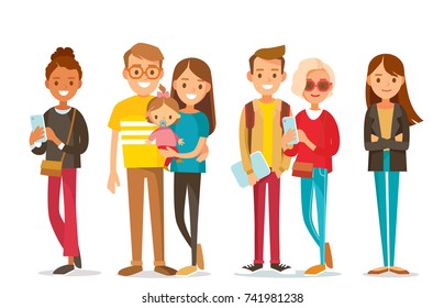 Big set group of diverse flat cartoon vector characters people couples, mom with kids in different poses standing together isolated on white background.Crowd people. Casualy looking dressed men women.