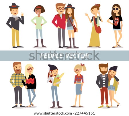 Big set group of diverse flat cartoon characters style young people couples in different poses standing together isolated on white background. Crowd people. Casualy looking dressed men women. Vector.