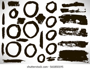Big set of grunge brush stroke. Collection of Ink brush line, grunge lines, rings, stripes, dividers, labels, templates. Set of dirty textured shapes. Distressed brushes. Vector illustration.