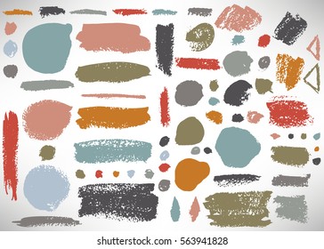 Gran conjunto de pincel grueso. Colección de círculo de pincel de tinta, punto, línea de grifo, banda, divisor, etiqueta, plantilla. Conjunto de fondos sucios, formas texturadas. Pinceles angustiados. Ilustración vectorial.