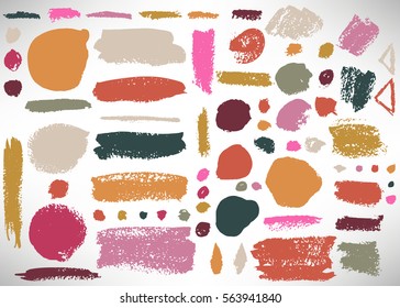 Big set of grunge brush stroke. Collection of Ink brush circle, dot, grunge line, stripe, divider, label, template. Set of dirty backgrounds, textured shapes. Distressed brushes. Vector illustration.