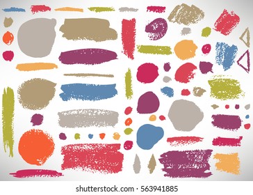 Big set of grunge brush stroke. Collection of Ink brush circle, dot, grunge line, stripe, divider, label, template. Set of dirty backgrounds, textured shapes. Distressed brushes. Vector illustration.