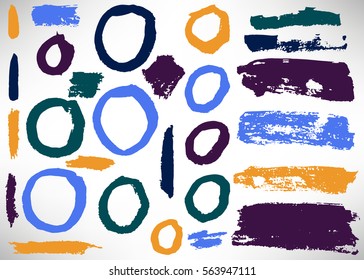 Big set of grunge brush stroke. Collection of Ink brush circle, ring, grunge line, stripe, divider, label, template. Set of dirty backgrounds, textured shapes. Distressed brushes. Vector illustration.