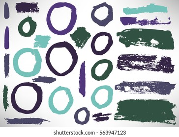 Big set of grunge brush stroke. Collection of Ink brush circle, ring, grunge line, stripe, divider, label, template. Set of dirty backgrounds, textured shapes. Distressed brushes. Vector illustration.