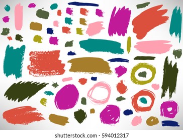 Big set of grunge brush stroke. Collection of Ink brush circle, dot, grunge line, stripe, divider, label, template. Set of hand drawn dirty backgrounds, textured shapes. Distressed brushes. Vector.