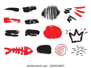 Gran conjunto de pinceladas, pinceles, objetos de broche. Diseñar elementos, cuadros, marcos. Ilustración vectorial. Dibujo a mano libre.