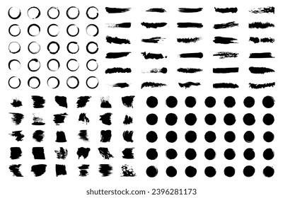 Big set of grunge circles, black paint stains, ink brush strokes and circles lines doodle. Vector illustration.