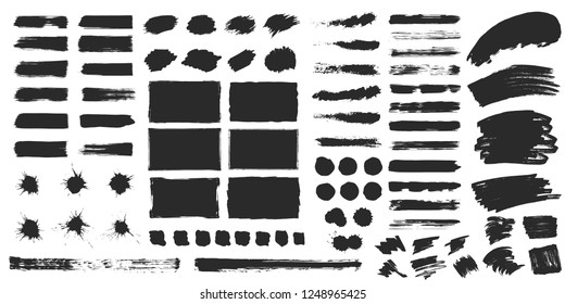 Big set of grunge hand drawn rough box torn shapes. Vector isolated background. Edge frames. Distressed brush strokes, blots, borders and dividers.