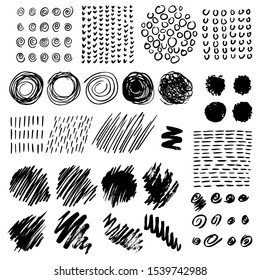 Big set of grunge stains of different shapes. Painted with brush and ink. Stripes, spirals,circles,nests, marks, lines, dots, rounds, curves. Hand drawn vector design elements. Isolated black on white