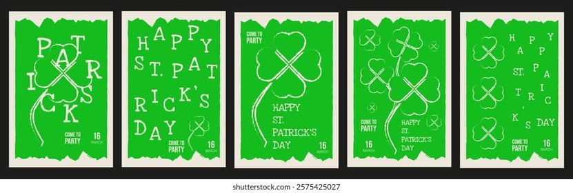 Big set Grunge texture Saint Patrick's Day poster cover template design. Perfect Happy St Patrick background collection. Patrick holiday placard with clover. Vector illustration. EPS 10