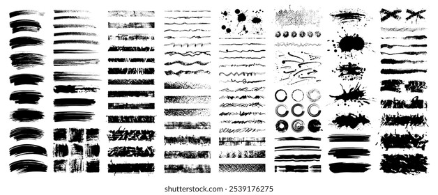 Big set of grunge textures, dirty artistic elements. frames, boxes, paint splatters, brush strokes. Vector isolated illustration. Art brushes are included. Backdrop for banners and headlines.	
