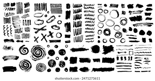 Big set of grungy vector ink brush elements set. Chinese, Japanese, Korean calligraphy brush strokes, circles, lines, crosses. Rough hand-drawn black scratchy scribbles on paper