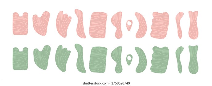 Big set of Gua Sha jade scraping massage tool. Collection of different shape natural rose quartz stone. Chinese traditional facial SPA. Acupuncture for face yoga. Facial acupoints. Vector illustration