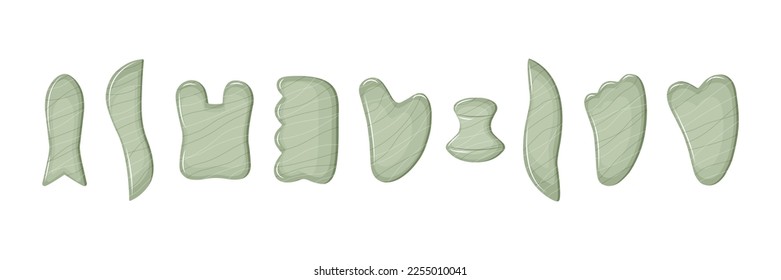 Big set of Gua Sha jade scraping massage tool. Collection of different shape natural jade stone. Chinese skin care. Facial acupoints. Vector illustration. - Shutterstock ID 2255010041