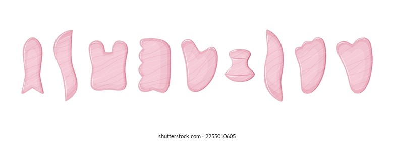 Big set of Gua Sha rose quartz scraping massage tool. Collection of different shape natural rose quartz stone. Chinese skin care. Facial acupoints. Vector illustration. - Shutterstock ID 2255010605