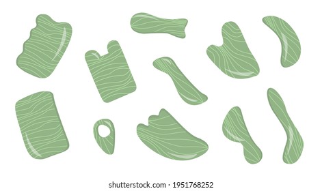 Gran conjunto de la herramienta de masaje de raspado Gua Sha. Colección de diferentes formas verde natural Jade Gemstone. La cara tradicional china. Acupuntura para el yoga facial. Cuidado de piel de moda. Paquete de tipo vectorial plano.