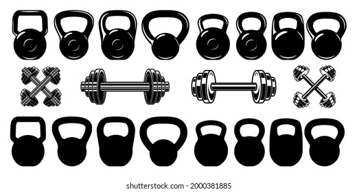 Big set of gym kettlebells, dumbbells and barbells. Design element for logo, label, sign, emblem. Vector illustration
