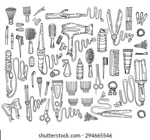 Big set of hair styling including 50 tools: hair dryer, hair straightener, curling iron, comb, hairspray and other tools. Hand drawn vector hair styling collection