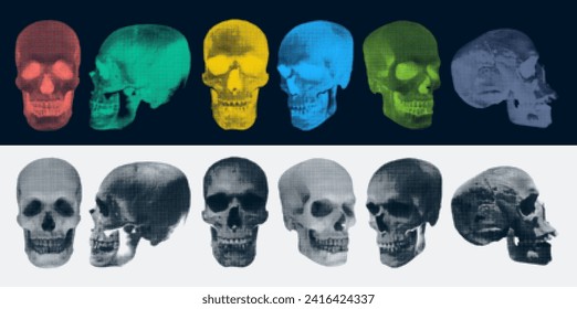Big set of halftone human skulls, monochrome abstract graphic prepress or generic concepts. Halftone set with skulls dots. Colored, black and white shape with dotted gradient. Modern trendy vector.