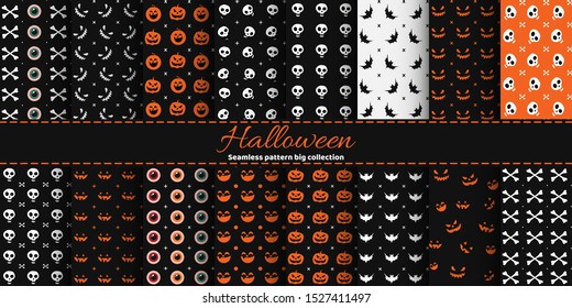 Big set of halloween backgrounds. Collection of seamless patterns in black and white, orange colors. Vector illustration. Holiday Wrap. Background. Wallpaper.