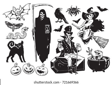 Big set of Halloween cartoon characters and objects Grim Reaper skeleton, bat, crow, black cat,  pumpkins, spider, little witch. Black and white silhouettes. Hand drawn vector illustration