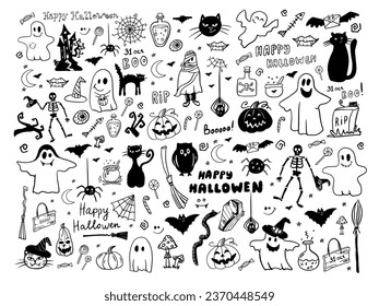 Big set of halloween clipart in doodle style. Funny, cute illustration for design, decoration kids playroom, textile, print posters, banner or greeting card. Hand drawn. Vector illustration EPS10