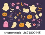 Big set of Halloween cliparts. Vector illustrations in flat modern style. Cute stickers with witch hat, skull, pumpkins, candle, ghost, candies, bat, spider.