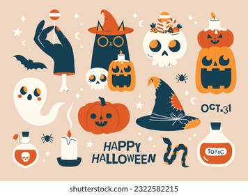 Big set of Halloween cliparts. Vector illustrations in flat modern style. Cartoon stickers with black cat in witch hat, skull, pumpkins, candle, snake, ghost, hand with bone, candies, bat, spider.