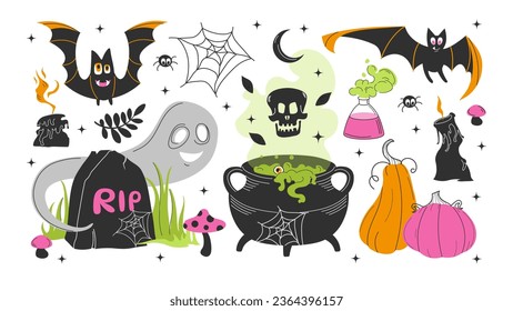 Big set of Halloween cliparts. Vector illustrations in flat modern style. Cartoon stickers with skull, pumpkins, candle, snake, ghost, candies, bat, spider, witchs potion in a cauldron, tombstone.