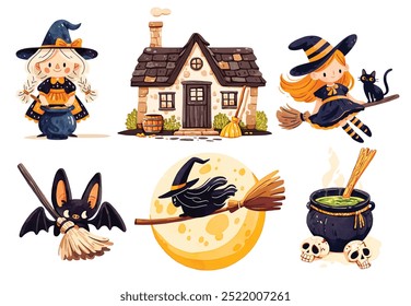 Grande conjunto de cliparts de Halloween. Ilustrações vetoriais em estilo moderno plano. Desenhos animados aquarela bruxas clipart.