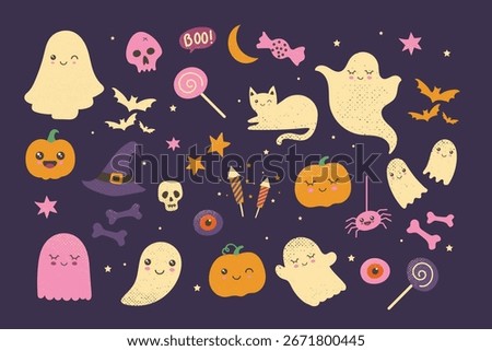 Big set of Halloween cliparts. Vector illustrations in flat modern style. Cute stickers with witch hat, skull, pumpkins, candle, ghost, candies, bat, spider.