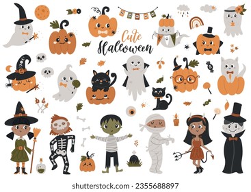 Big set of Halloween cute pumpkins, ghosts, kids in costumes and other elements.