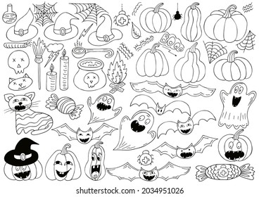 Big set of Halloween design elements in hand draw style. Pumpkins, bats, ghosts, cobwebs