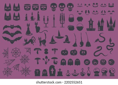 Big set of Halloween design elements. Different objects in glyph style.