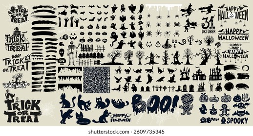 Big set of Halloween doodles black and white drawing. Vector Happy halloween doodle design elements. Hand drawn Design for prints, decoration of holidays, postcards and posters, stickers, sublimation.