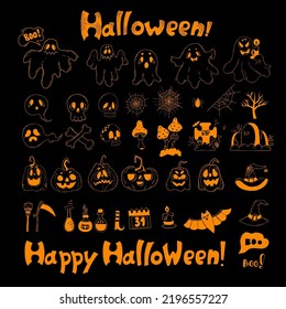 Big set Halloween doodles. Jack pumpkin, ghost, web, grave, skull, broom and scythe, bat, witch hat, potion and magic fly agaric. Isolated Vector linear hand drawn for decor, design and decoration