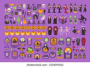 Big set of Halloween elements and characters. Flat Halloween illustration collection