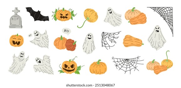 Big set of halloween elements in flat style. Design of ghost, creepy and spooky elements for halloween decorations, sketch, icon. Hand drawn vector isolated on white background.